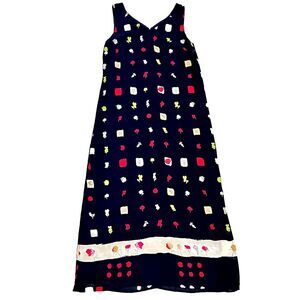 Vtg. Carol Anderson  Maxi Dress Flower Leaf Square‎ Print Black/Multi Sleeveless